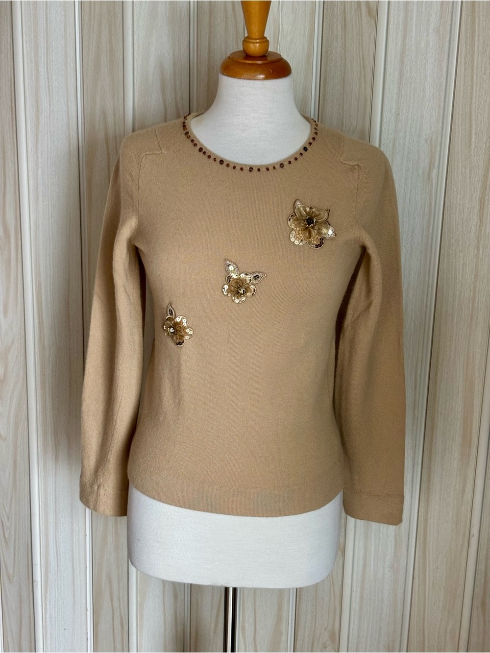 Customized Embellished Camel Crewneck Sweater with Floral Appliqués